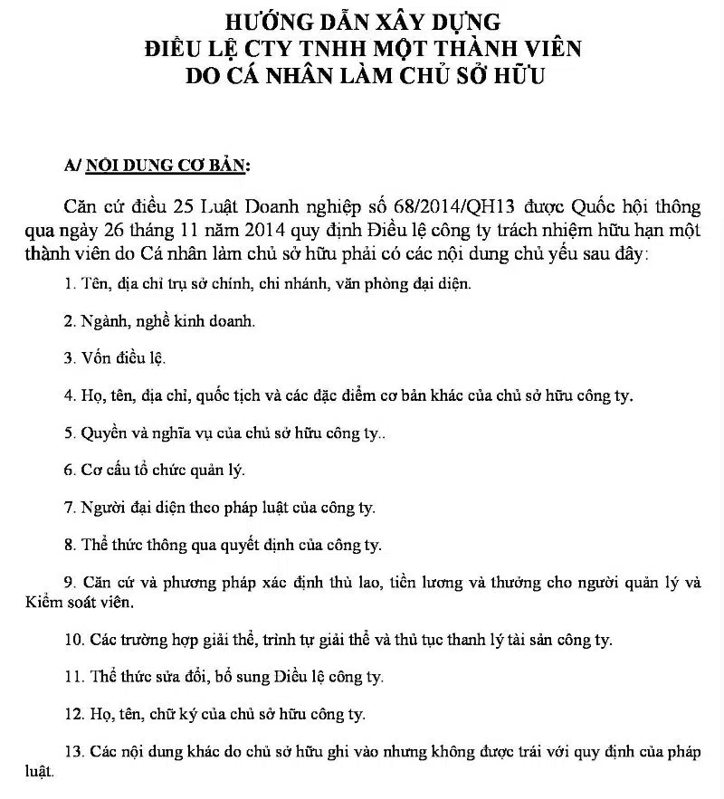 Điều lệ thành lập Công ty TNHH 1 thành viên